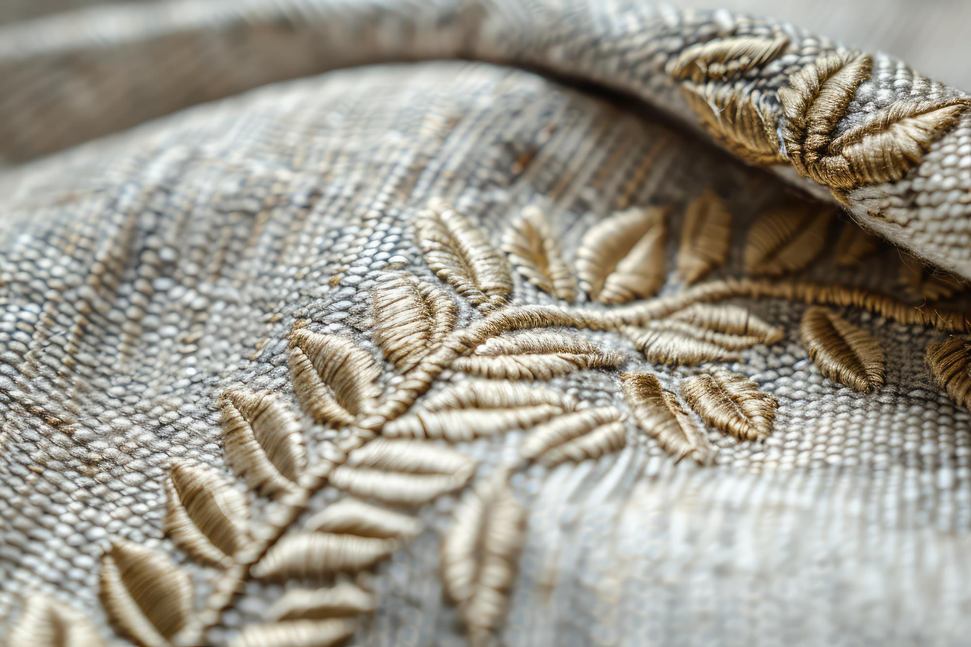 Close-up of artisan embroidery on natural linen with gold thread