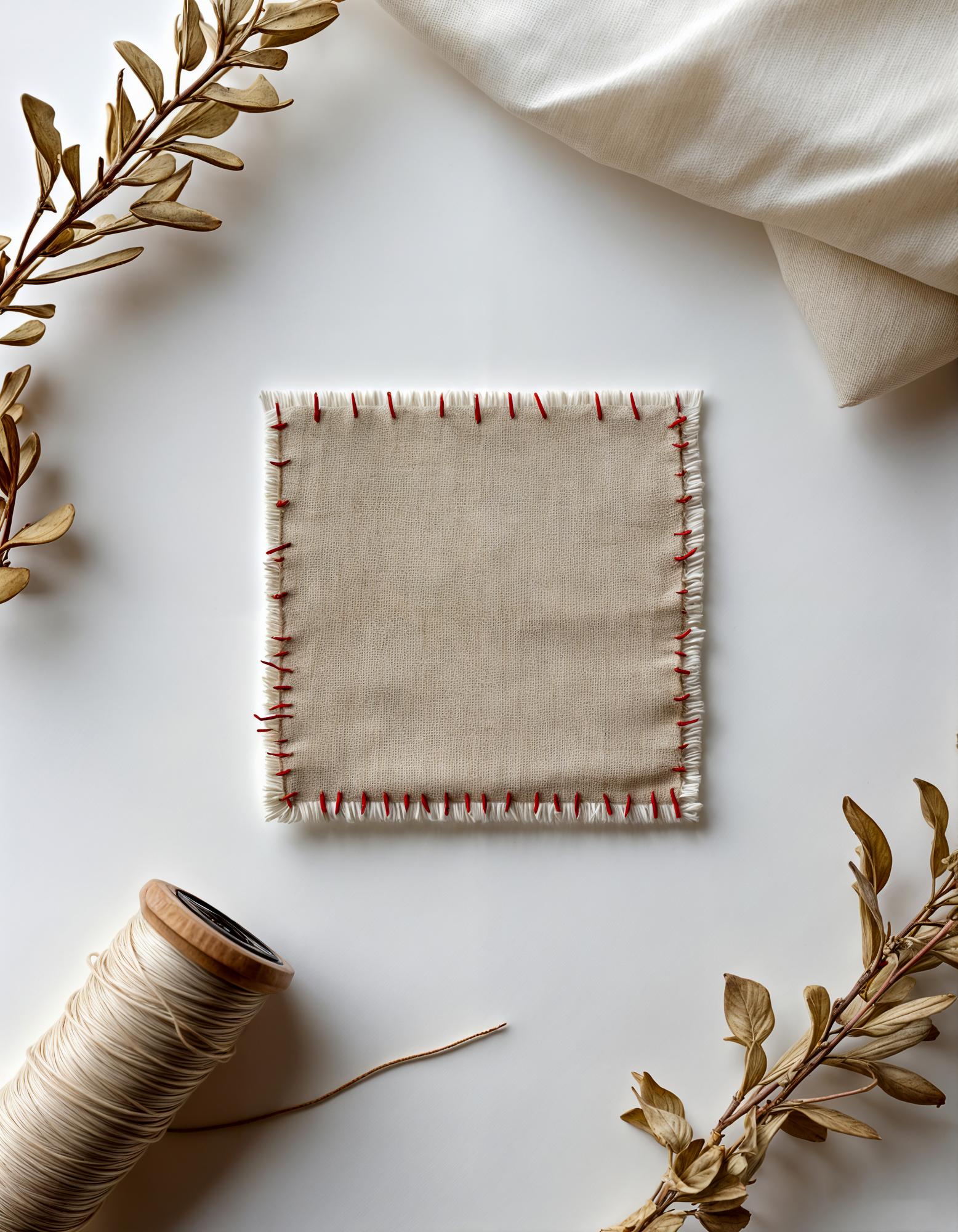 Flatlay of sample embroidery swatches and threads